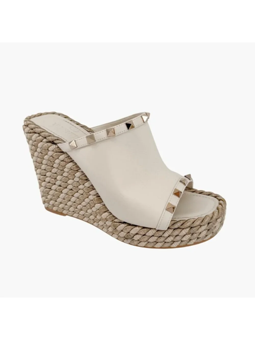 Valentino Rockstud Torchon Espadrille Wedge Sandals White Leather Size 39 US 9